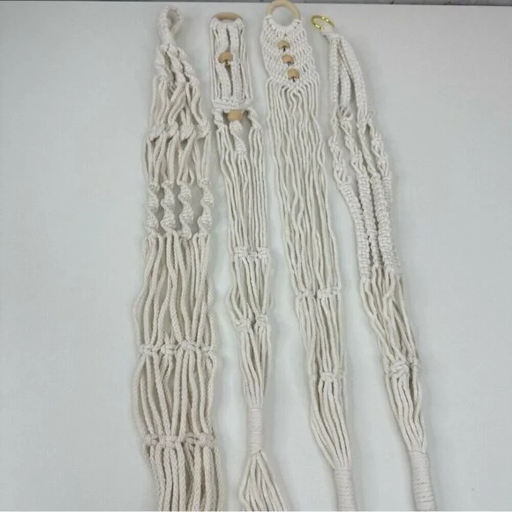 Lot of 4 Macrame Plant Hangers‎ Off White Cotton Boho Beaded Indoor Outdoor NEW